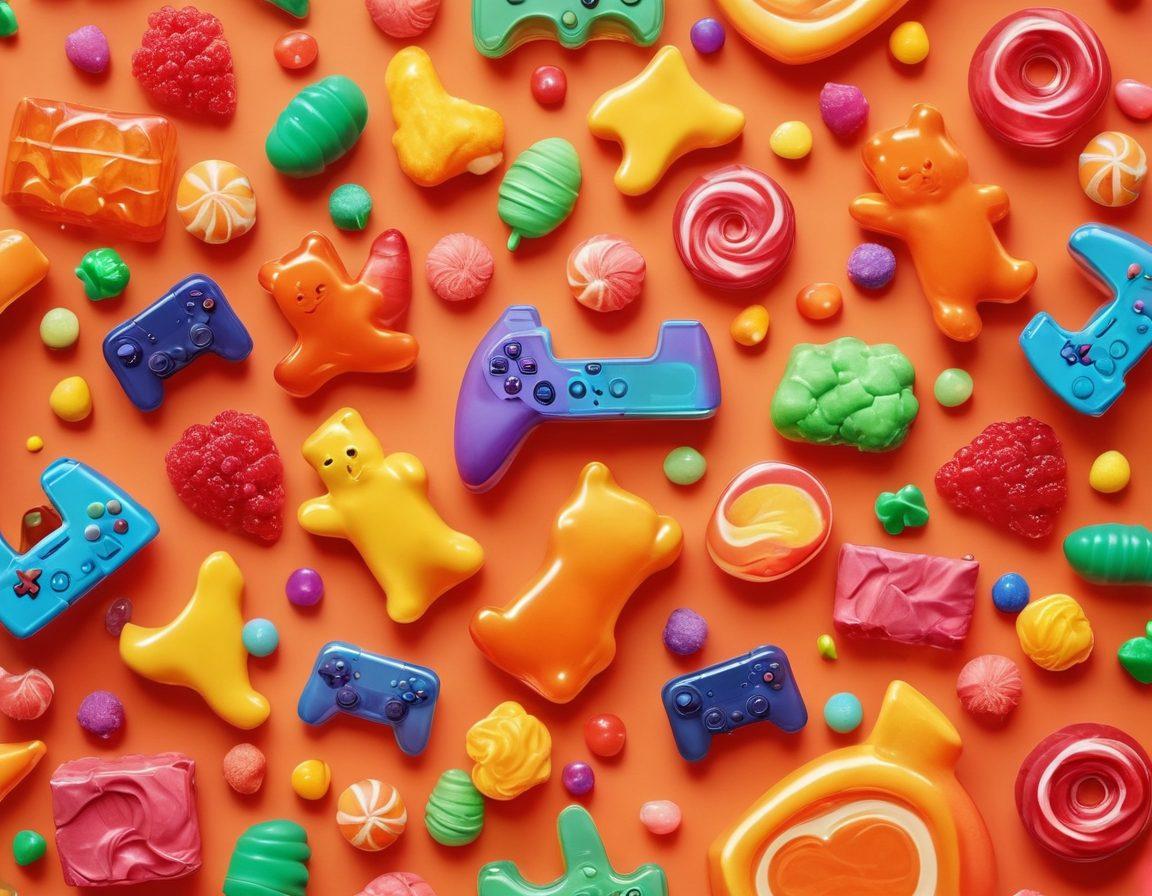 A whimsical, vibrant digital collage featuring colorful gummy candies transforming into playful video game elements, like controllers and pixelated characters. The scene is lively, portraying a diverse group of people gaming together joyfully, surrounded by sweets and technology. The background is bright and inviting, enhancing the sense of community. super-realistic. vibrant colors. playful art style.