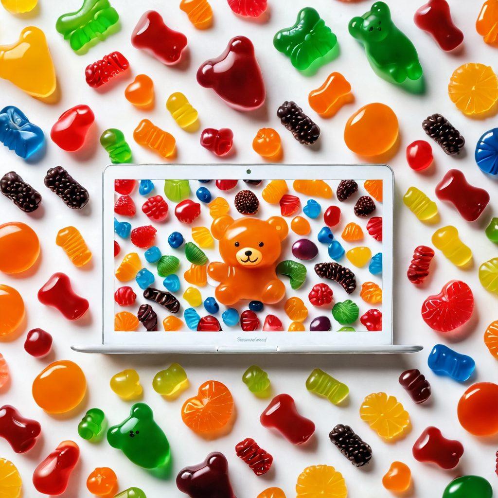 A colorful assortment of gummy candies in various shapes, like bears, worms, and fruits, scattered playfully across a glossy white surface. In the background, a whimsical online shopping interface peeks through, showcasing vibrant gummy options, with a laptop and playful decor around it. The scene is bright and inviting, enticing viewers to indulge in the sweet world of jelly treats. super-realistic. vibrant colors. white background.