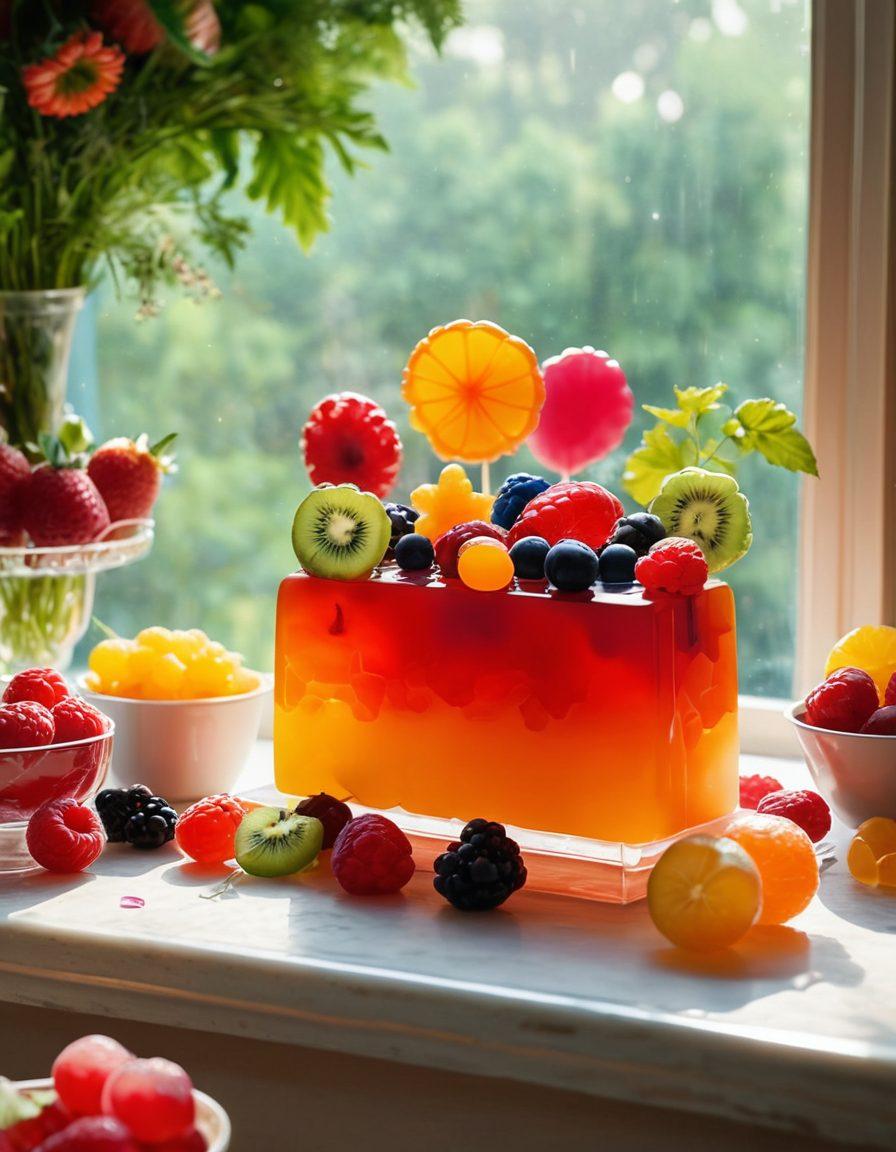 A vibrant, whimsical jelly dessert bar filled with an array of colorful jelly creations in unique shapes and sizes, topped with fresh fruits and herbs. In the background, there's an open laptop displaying an article about jelly-making techniques. Soft, inviting lighting enhances the joyful atmosphere, evoking a sense of exploration and delight. The scene is framed by playful cartoonish jelly characters cheering on the side. bright and colorful. cartoon art style.